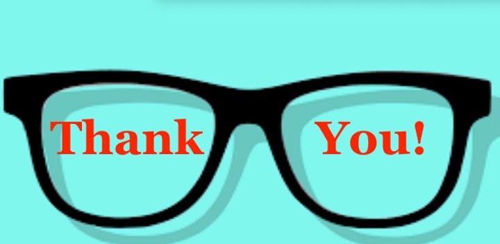 Black glasses on blue background with red words, Thank you!