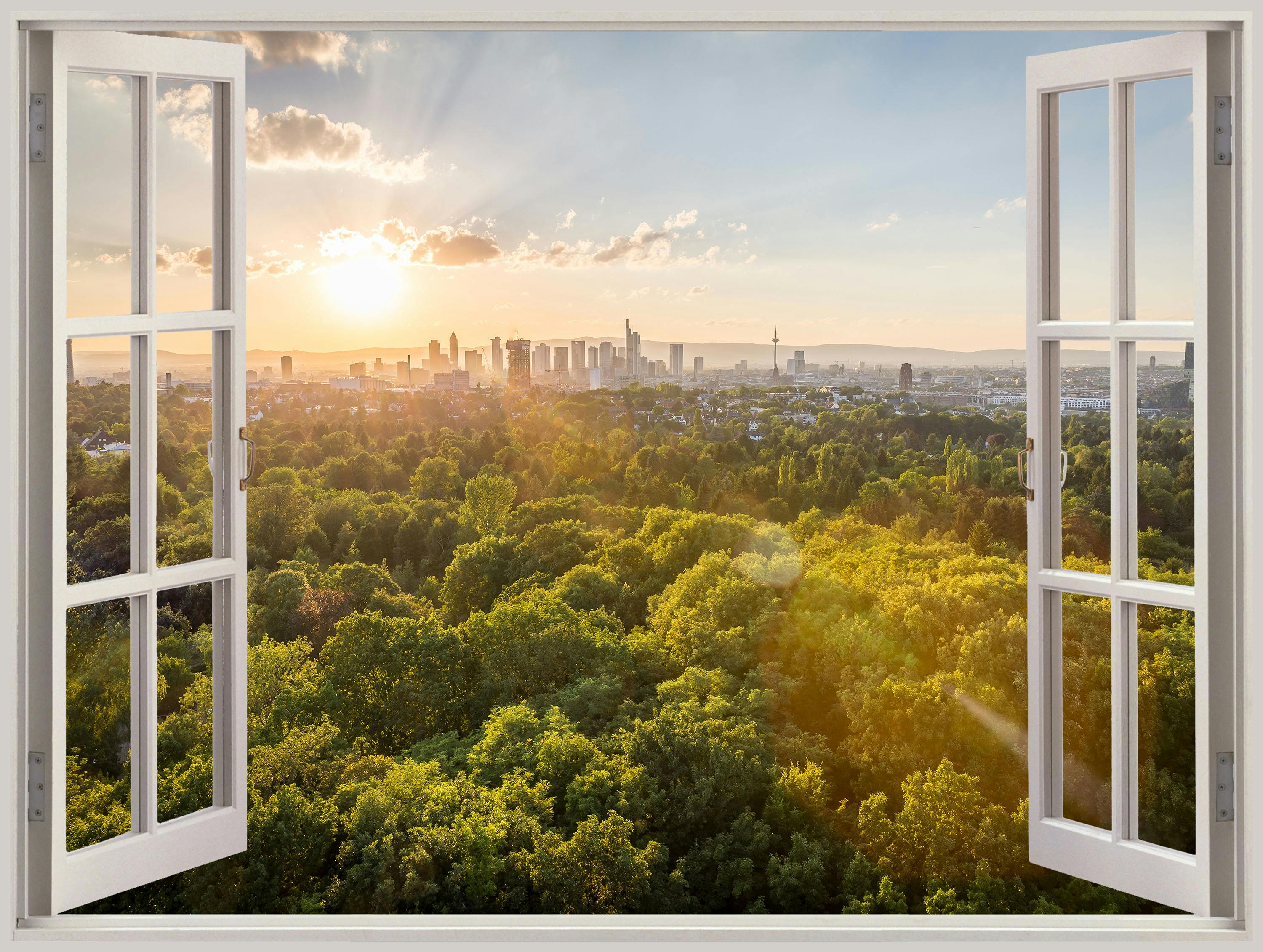 Open window looking out over a forest of trees with a city in the distance