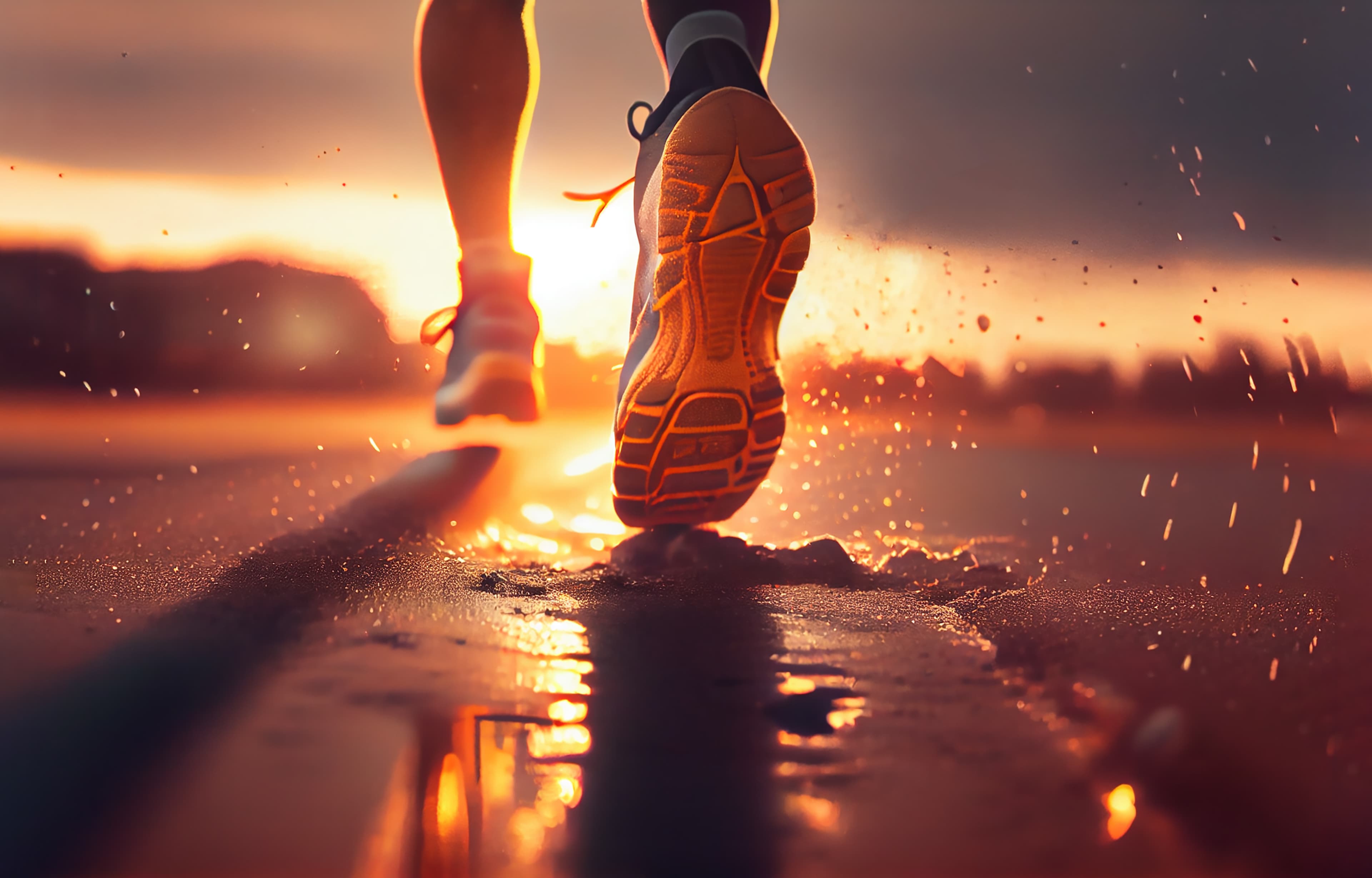 Close up on shoe, Runner athlete feet running on road under sunlight in the morning.