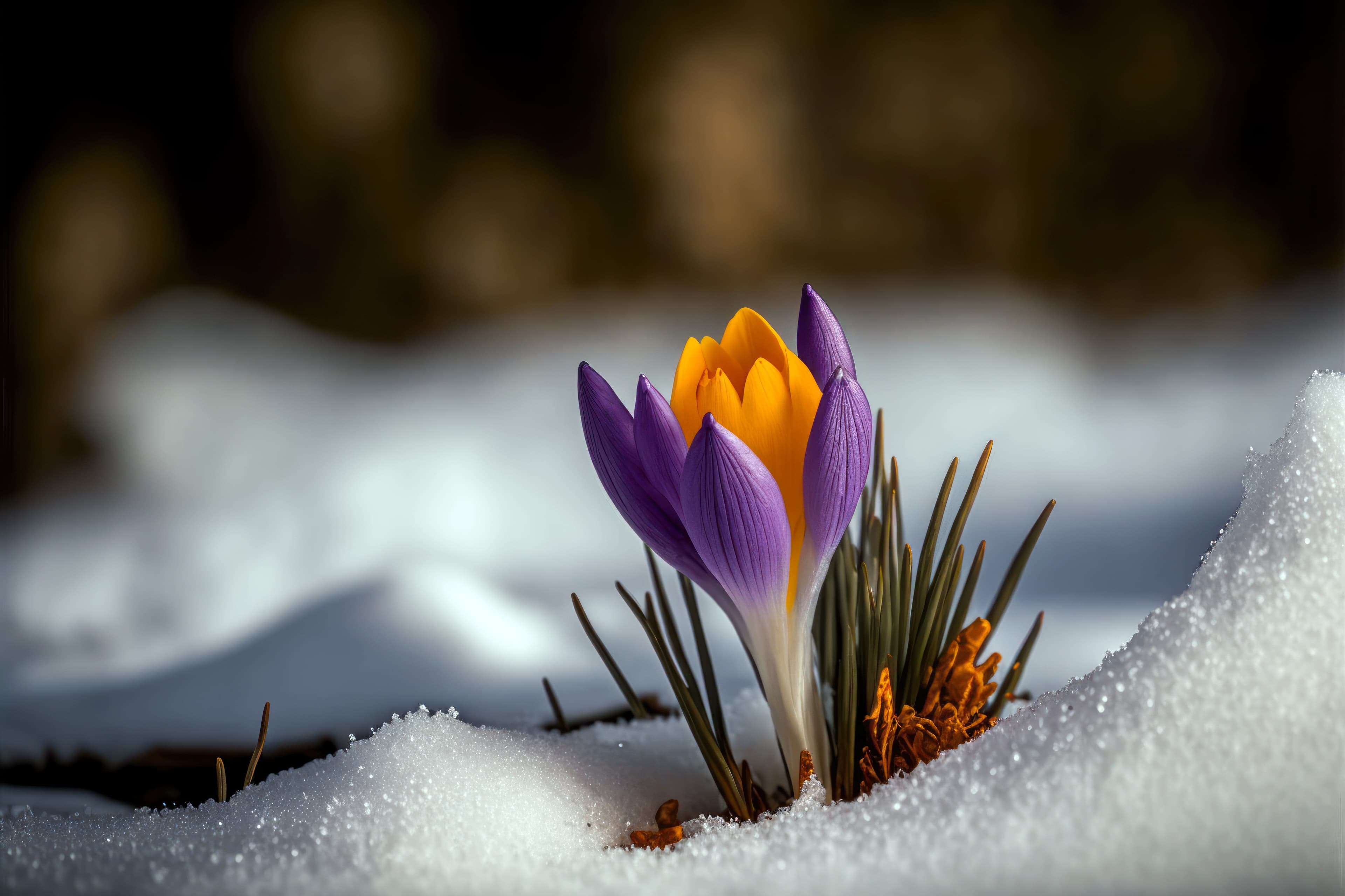 Purple Crocus poking through the snow